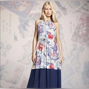 Peter Som Postcard Maxi Halter Dress M‎ Blue Resort Travel St. Barts Print Boho